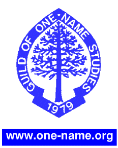 Picture logo for the Guild of One-Name Studies. Tree in a crest with web site address below. Click here to search their surname database.