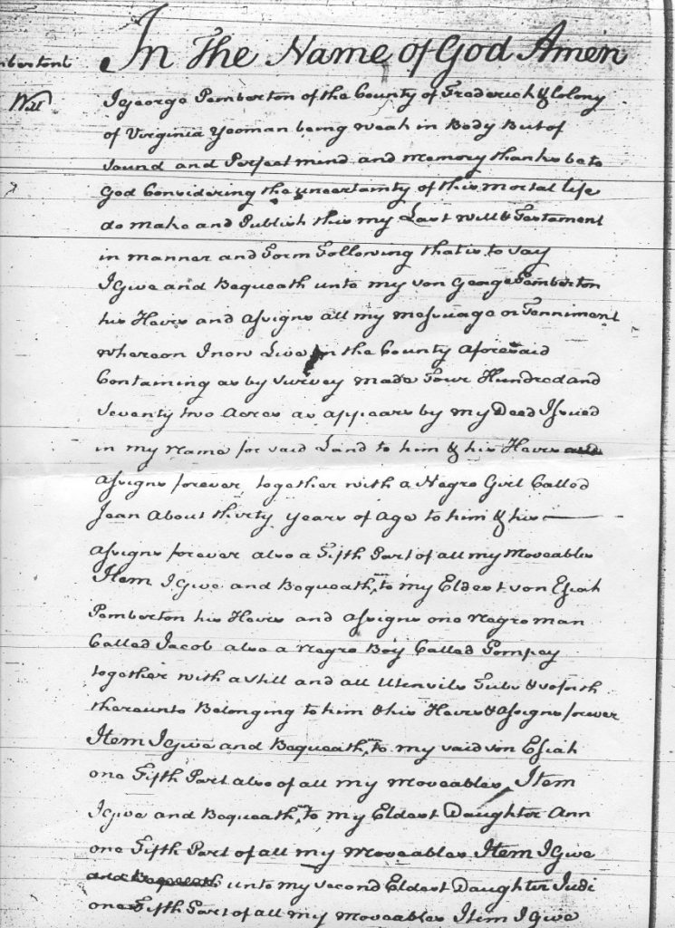 Will Pemberton, Yeoman; Virginia, 1756 Pemberton Family World Wide